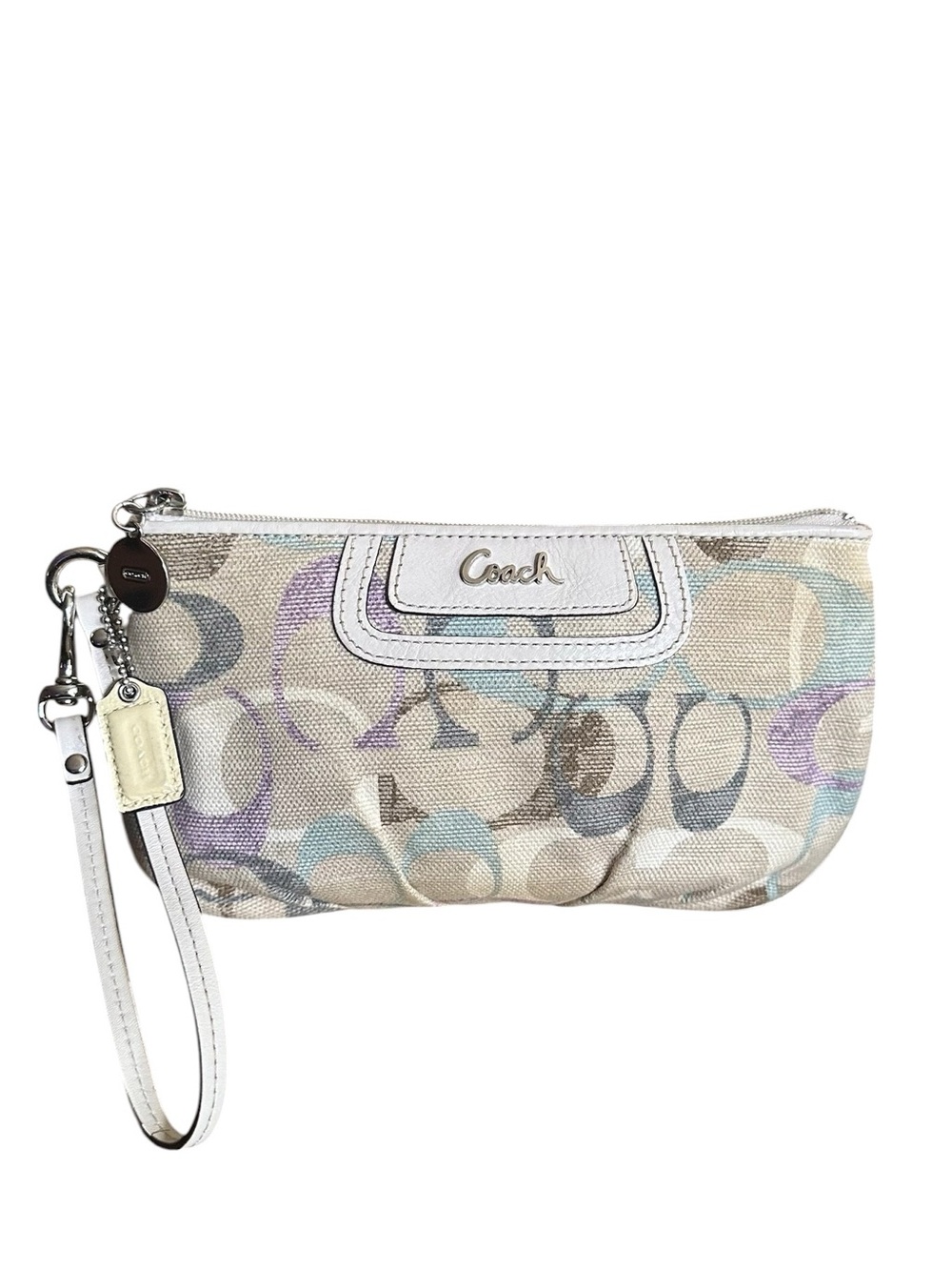 Coach Signature Pastel Canvas Wristlet Wallet White Leather Zip Clutch EUC